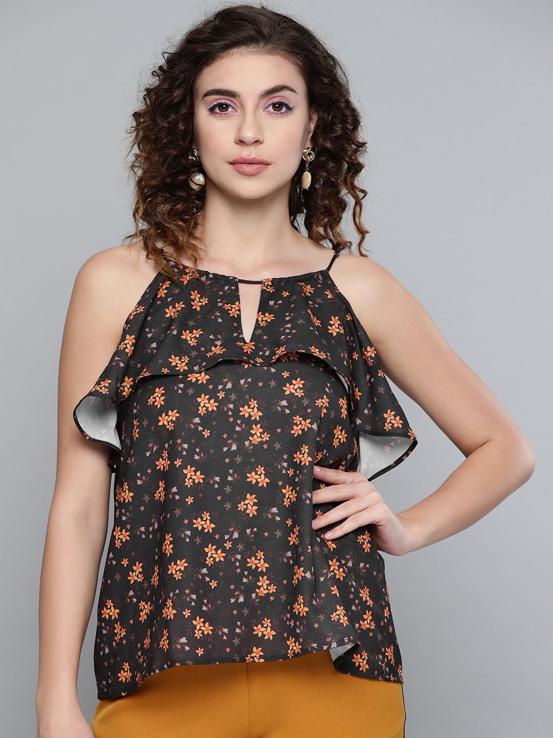 

SASSAFRAS Black & Orange Ditsy Floral Halter Neck Top
