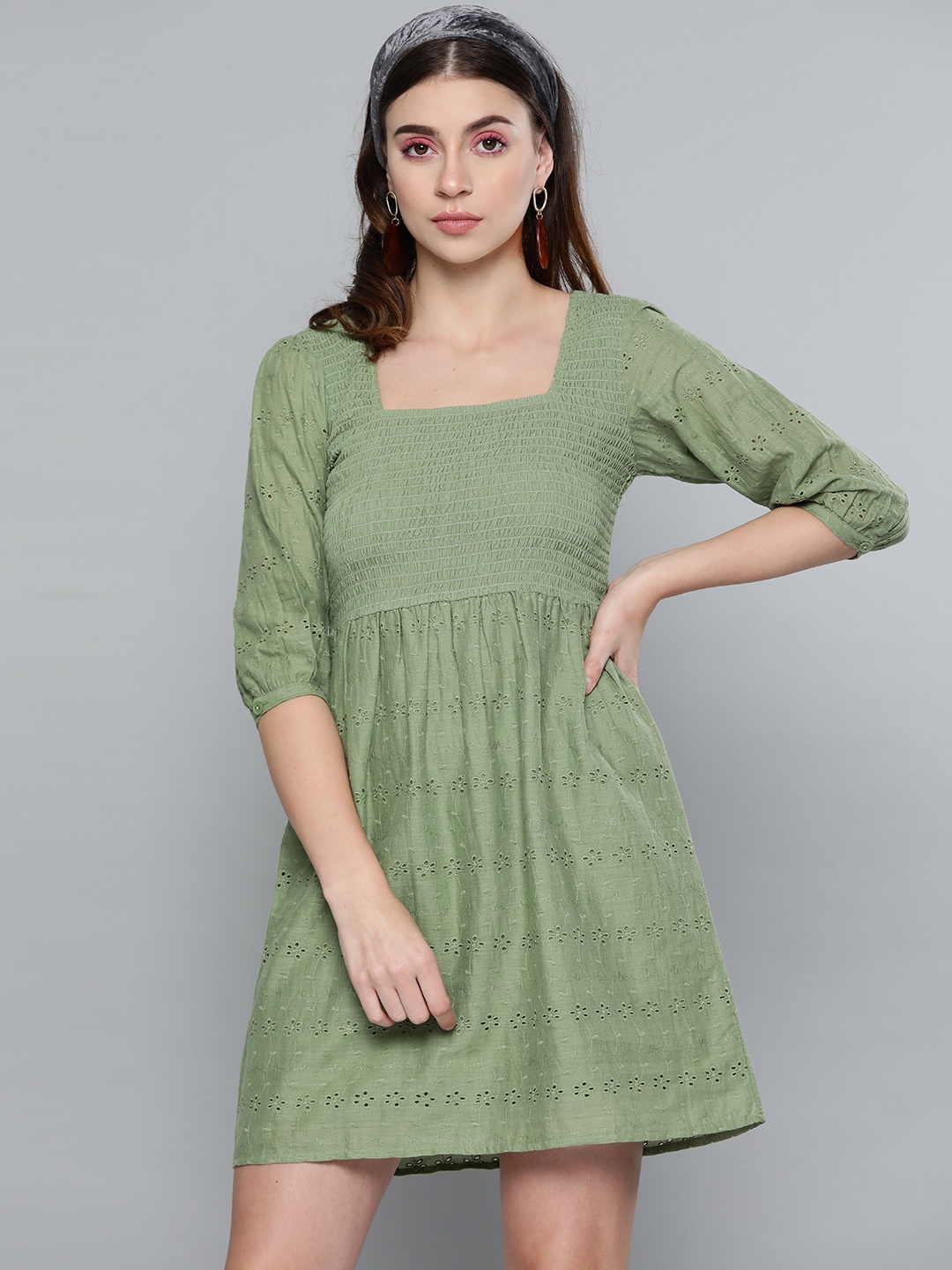 

SASSAFRAS Olive Green Schiffli Embroidered A-Line Dress