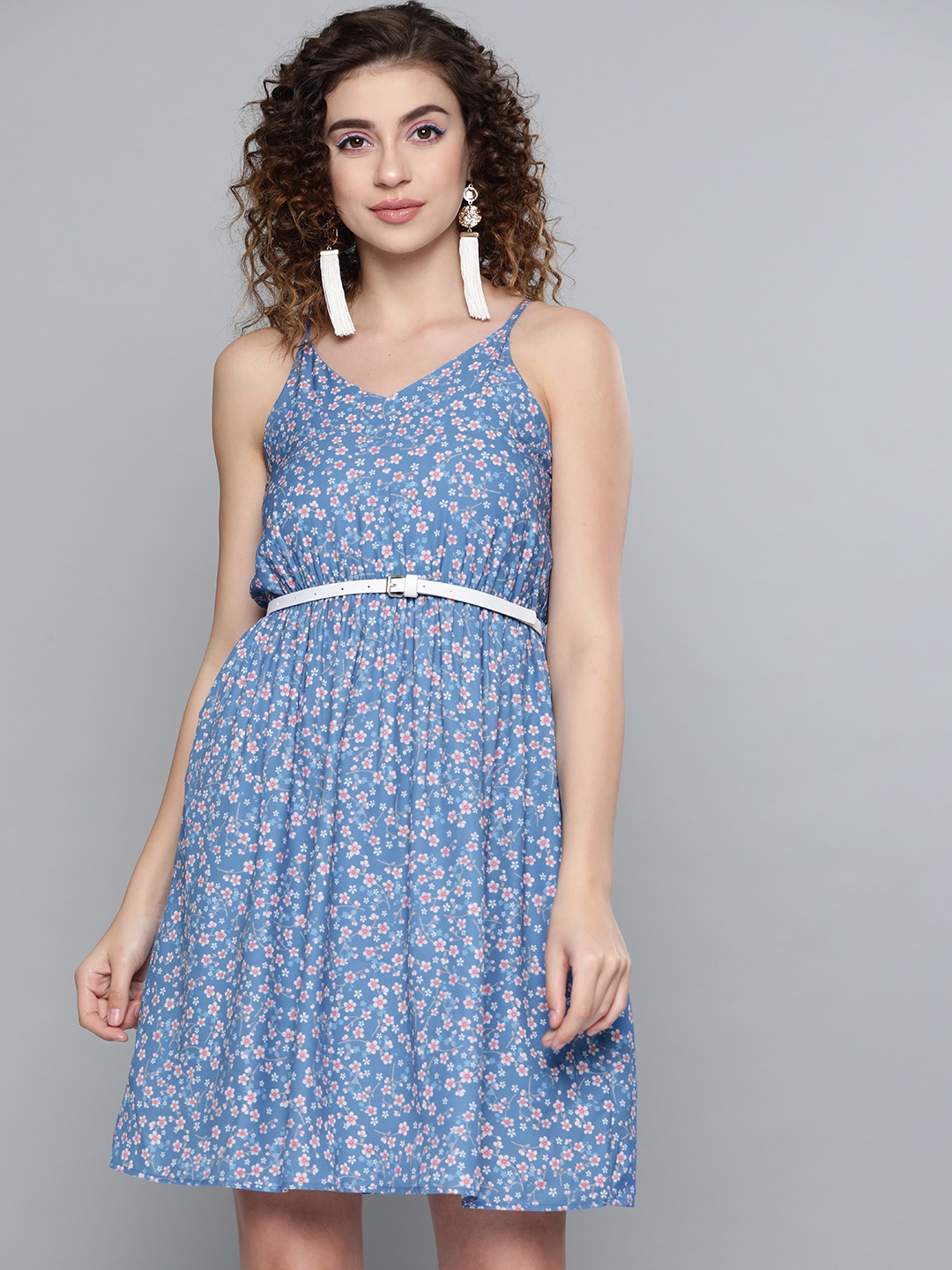 

SASSAFRAS Women Blue & Pink Floral Printed A-Line Dress
