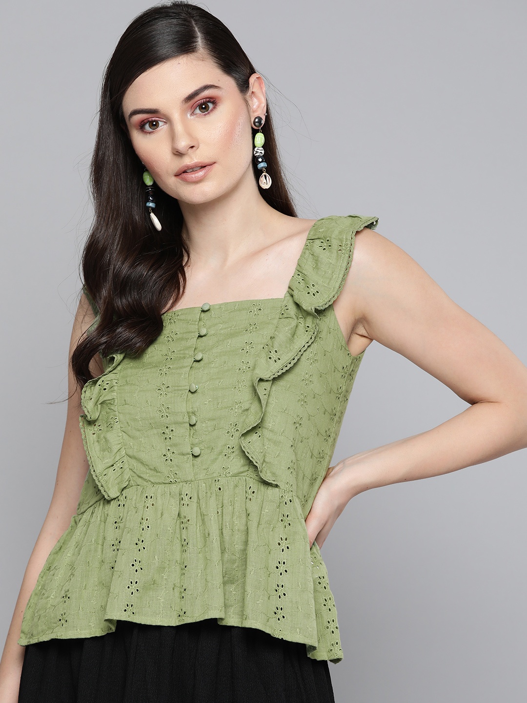 

SASSAFRAS Olive Green Schiffli Embroidered A-Line Pure Cotton Top