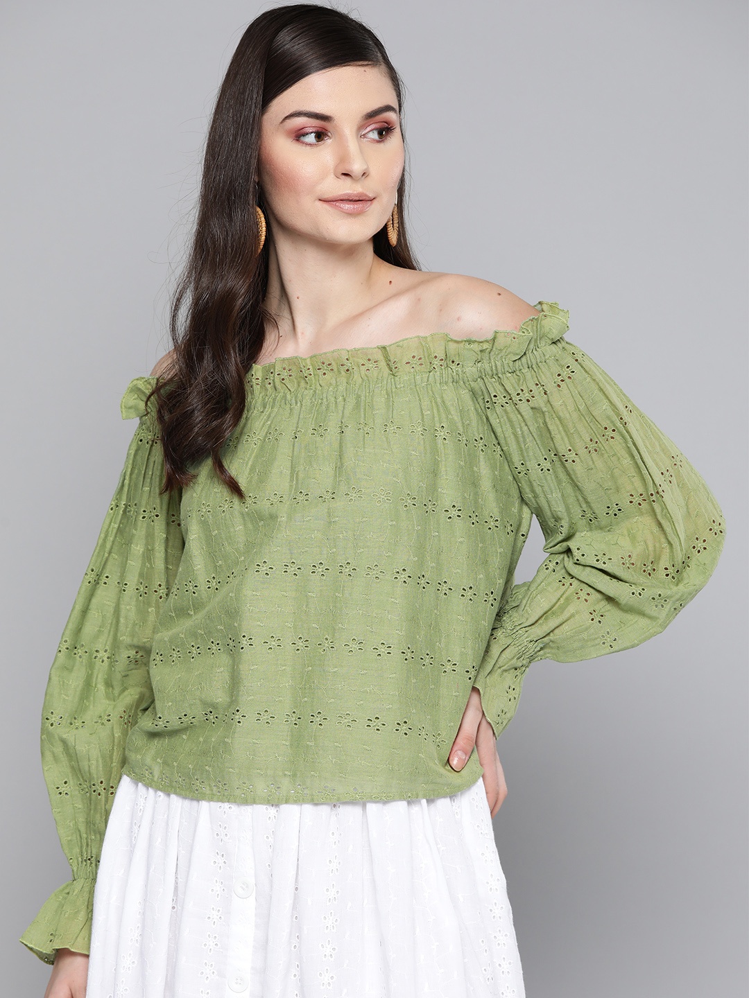 

SASSAFRAS Women Olive Green Schiffli Embroidered Bardot Pure Cotton Top