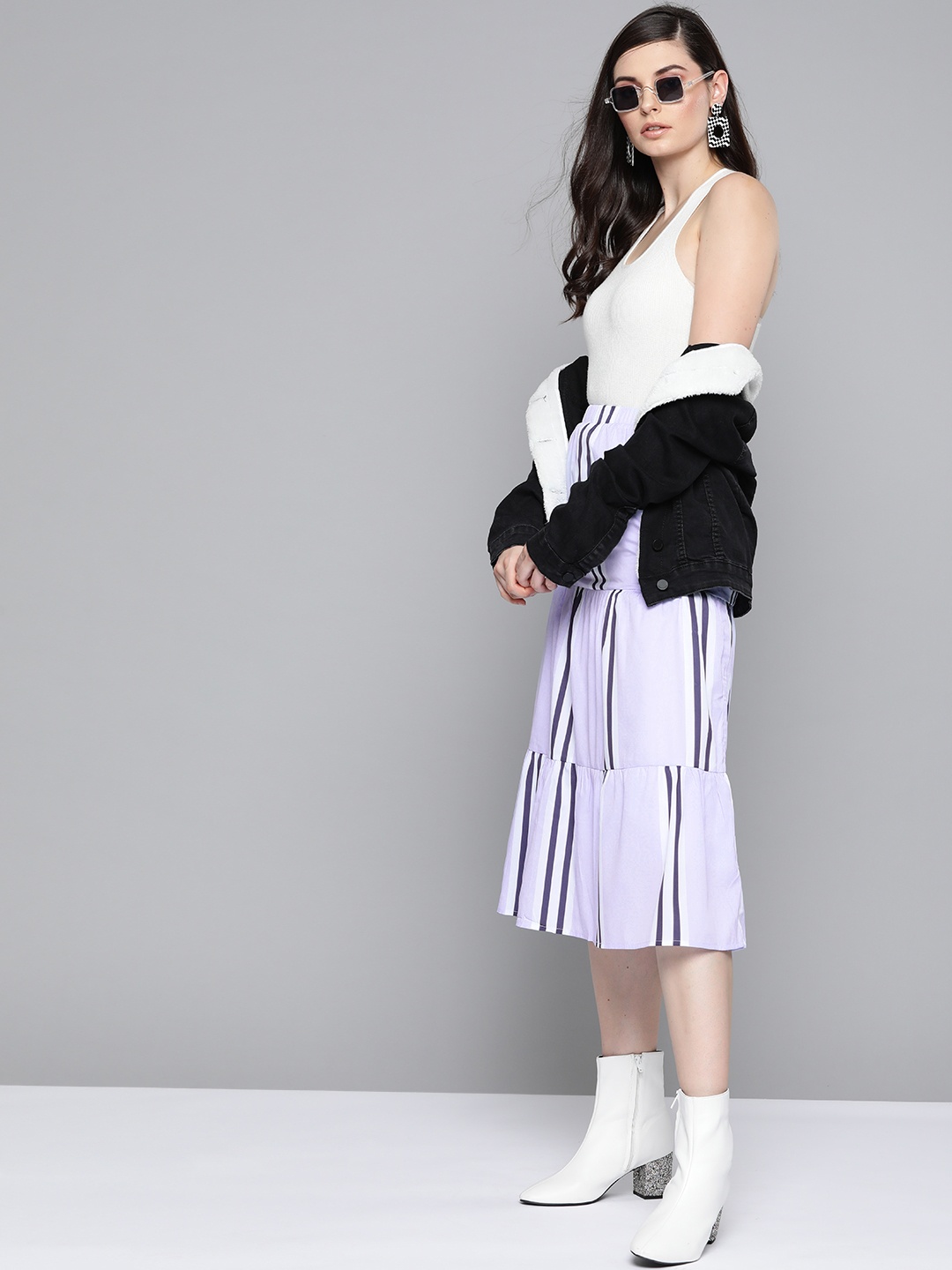 

SASSAFRAS Women Lavender & Navy Blue Striped Midi Tiered Skirt