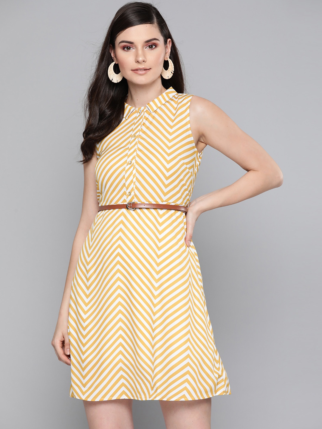 

SASSAFRAS Women Mustard Yellow & White Printed Shirt Dress With Belt