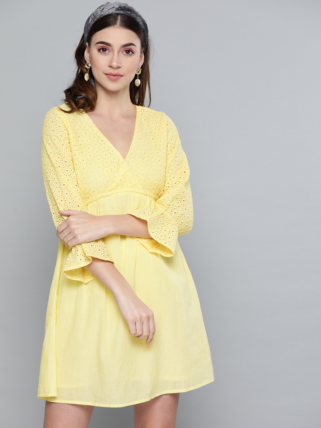 

SASSAFRAS Yellow Schiffli Embroidered Cotton A-Line Dress