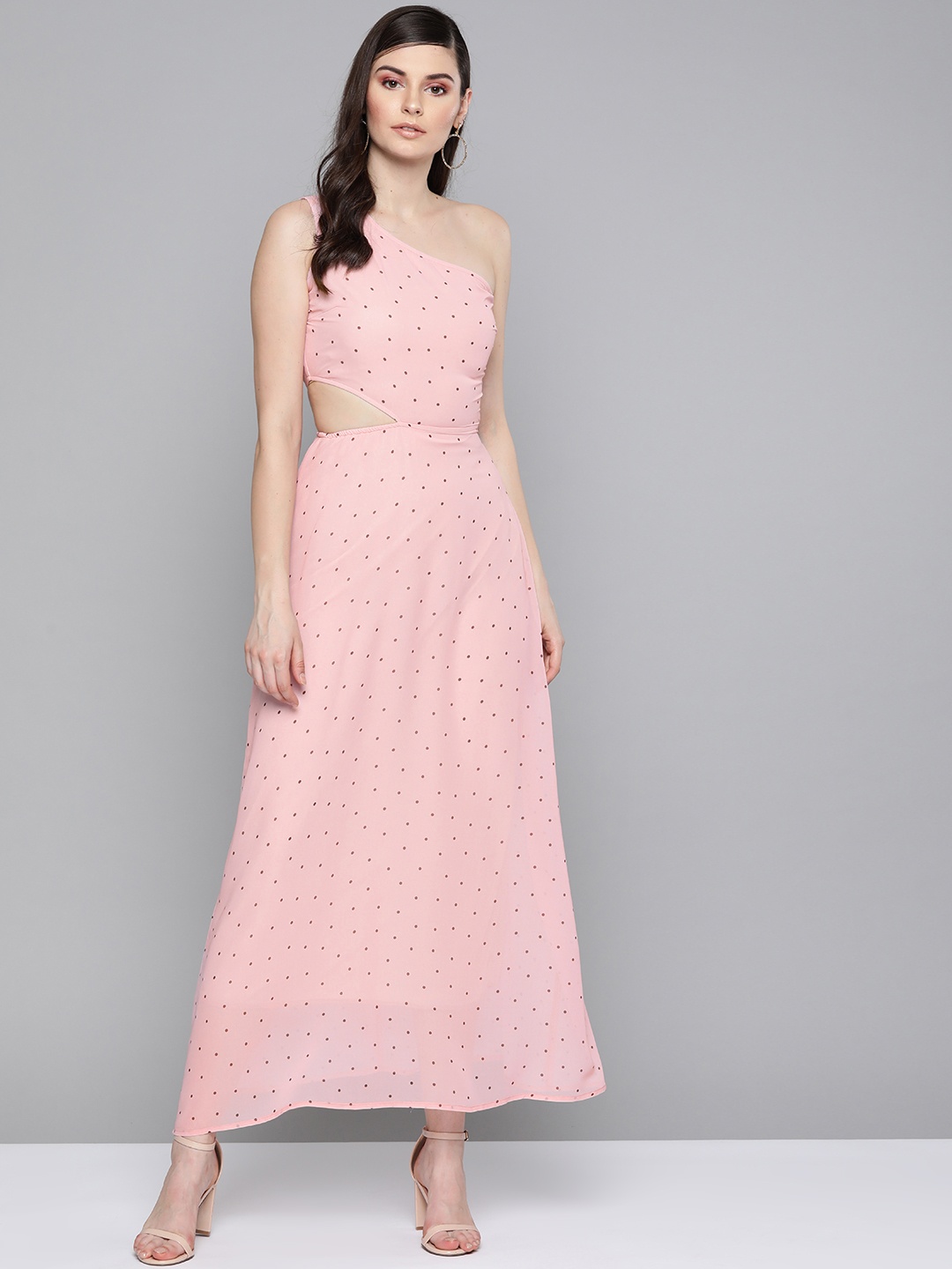 

SASSAFRAS Pink & Brown Polka Dot One-Shoulder Maxi Dress