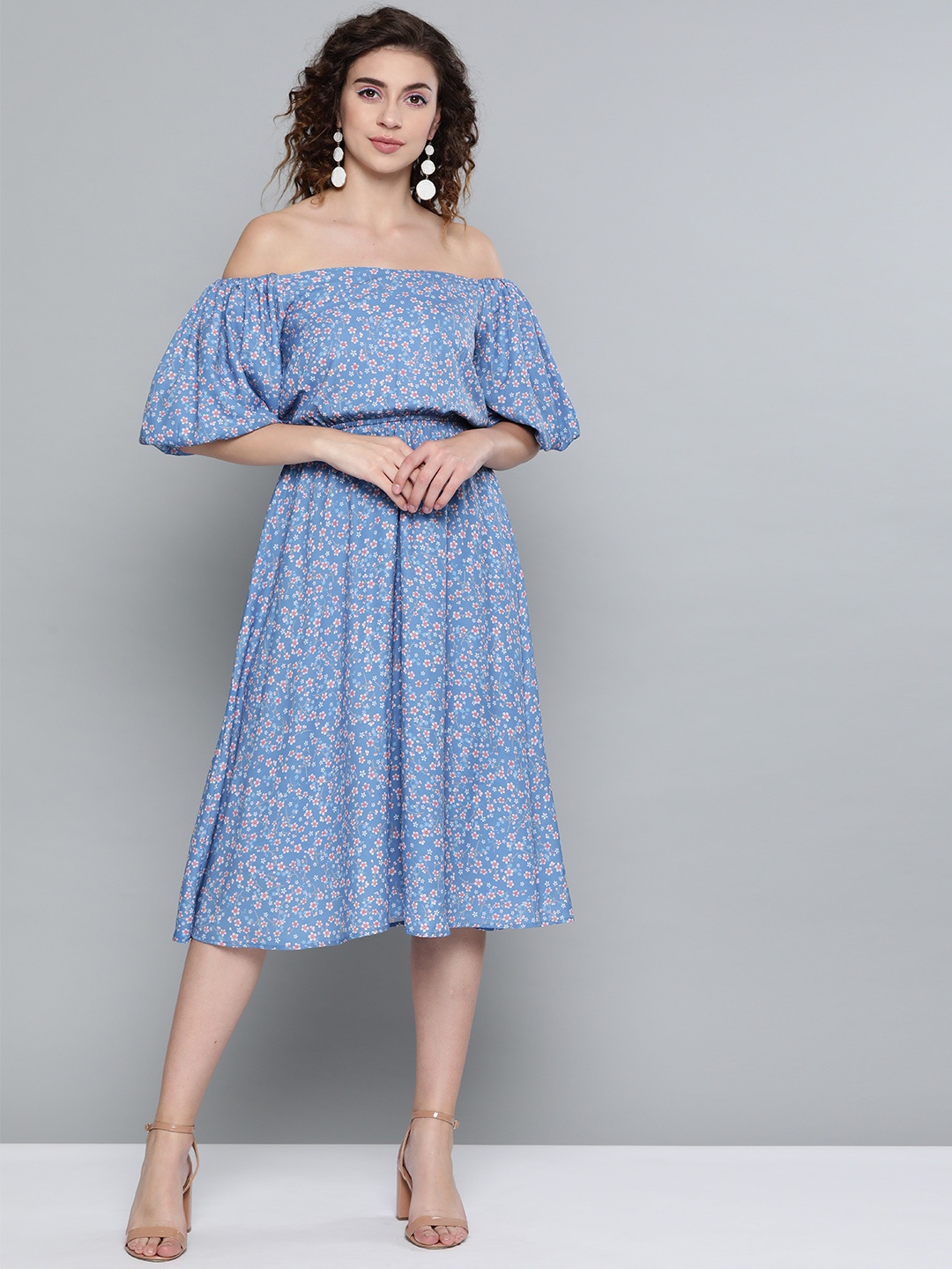 

SASSAFRAS Women Blue & Off-White Printed Off-Shoulder A-Line Dress