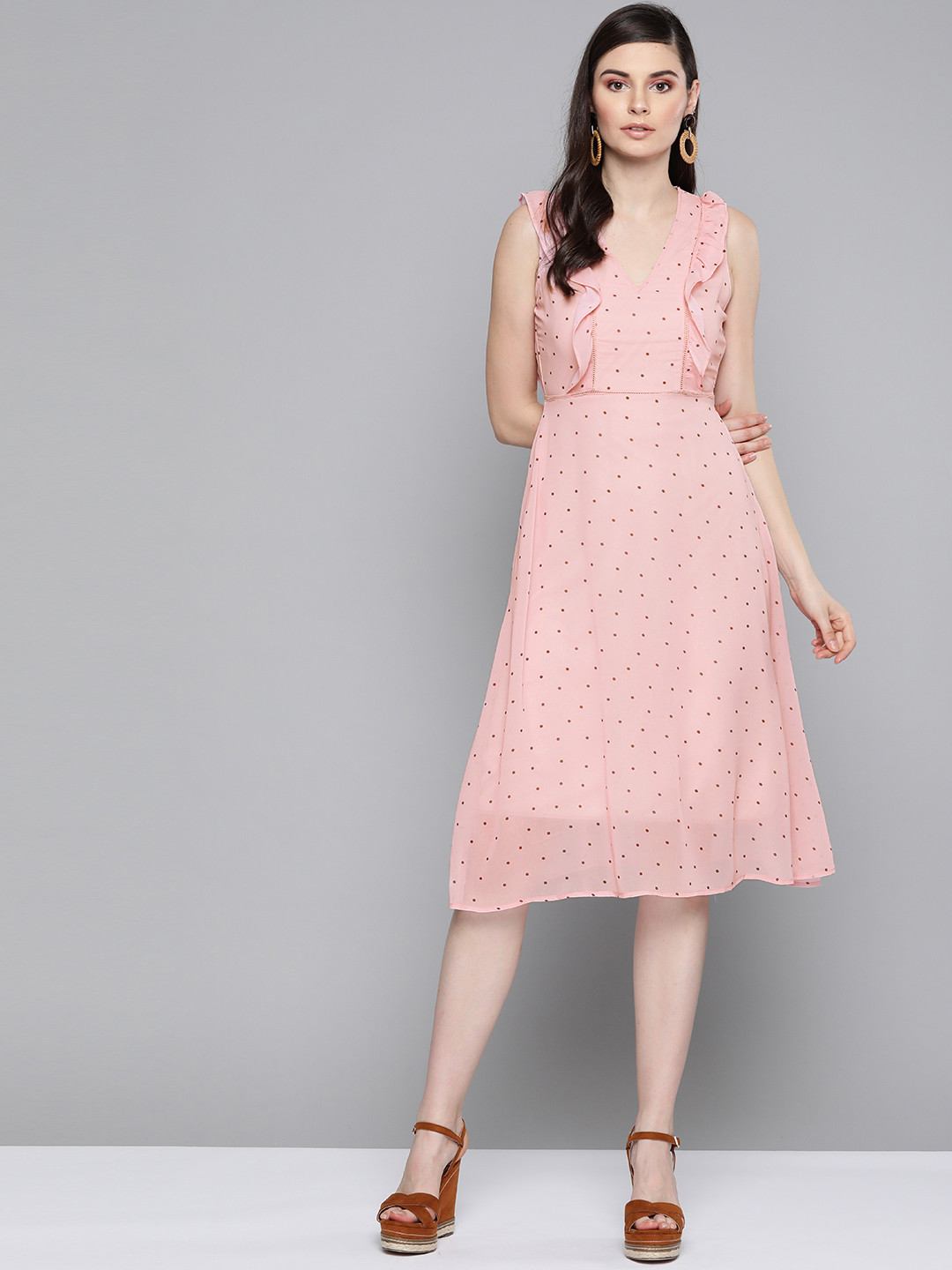 

SASSAFRAS Pink & Brown Geometric Printed A-Line Dress