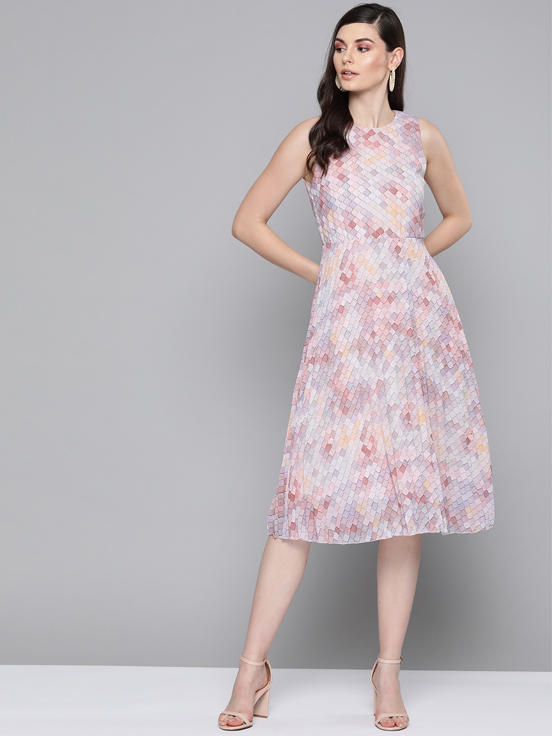 

SASSAFRAS Women Pink & Green Printed Accordian Pleated A-Line Dress