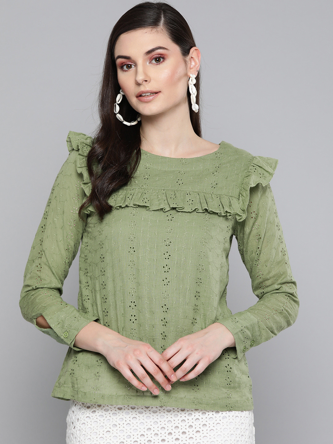 

SASSAFRAS Women Olive Green Schiffli Embroidered Pure Cotton Top