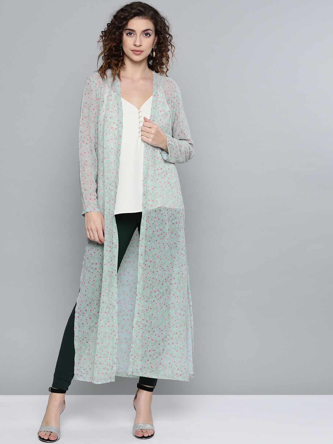 

SASSAFRAS Women Green & Pink Printed Semi-Sheer Longline Open Front Shrug