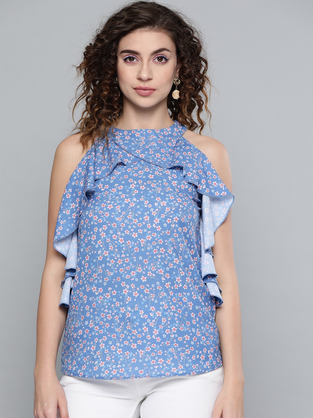 

SASSAFRAS Blue & White Ditsy Floral Frilly Halter Top