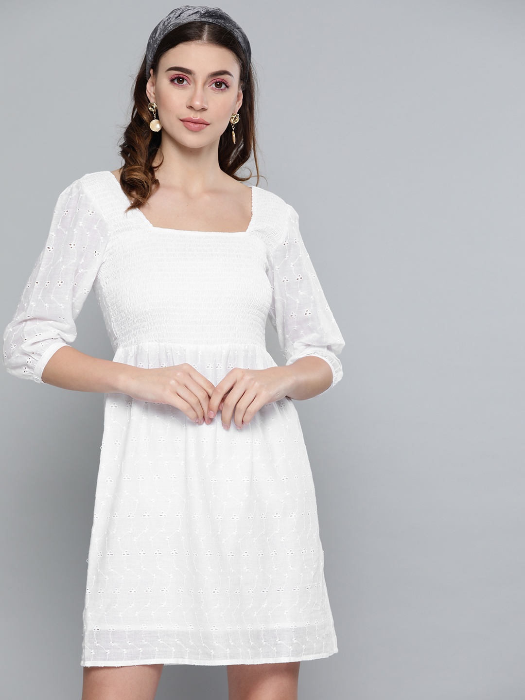 

SASSAFRAS Women White Schiffli Embroidered A-Line Dress