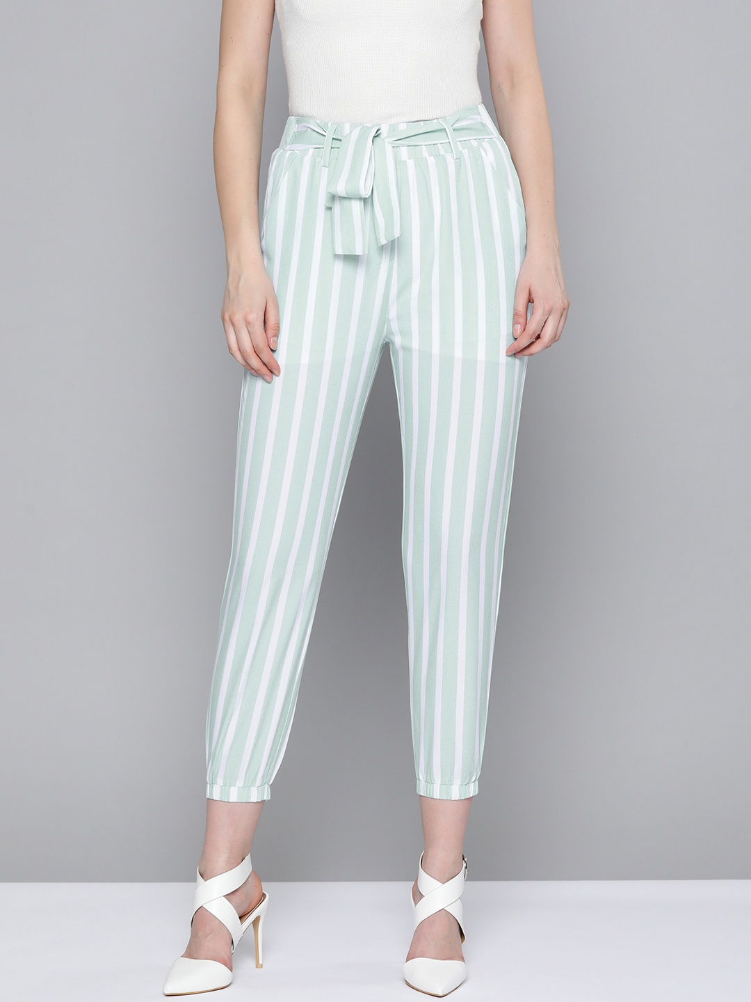 

SASSAFRAS Mint Green & White Stripe Belted Jogger