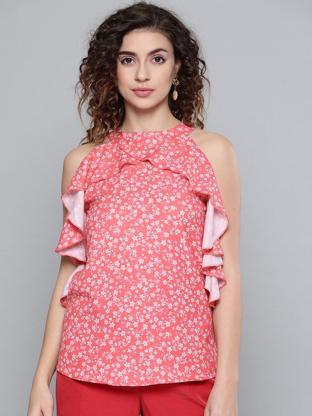 

SASSAFRAS Women Coral Pink & Off-White Printed Ruffle Top
