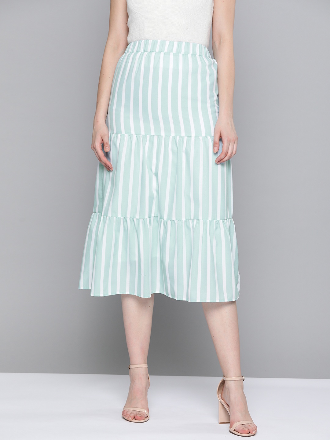 

SASSAFRAS Women Blue & White Striped Midi Tiered Skirt