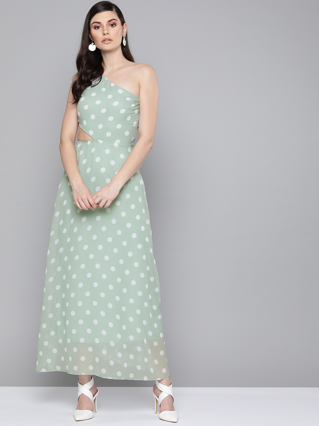 

SASSAFRAS Sea Green & Off-White Polka Dot One-Shoulder Maxi Dress