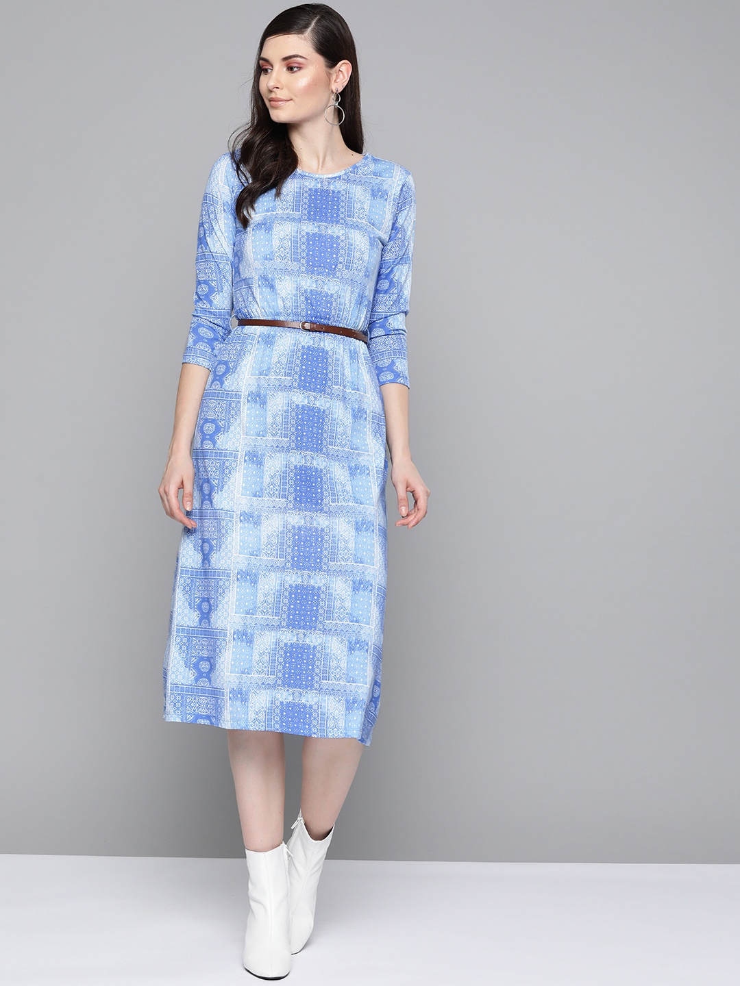 

SASSAFRAS Women Blue & White Printed A-Line Dress