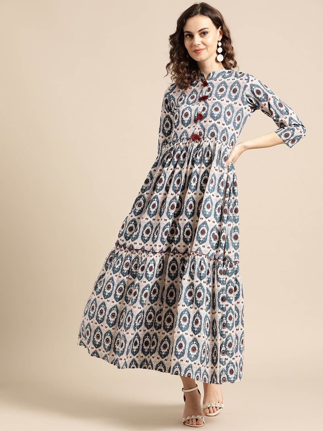 

Nayo White & Teal Blue Ethnic Motifs Printed Maxi Dress