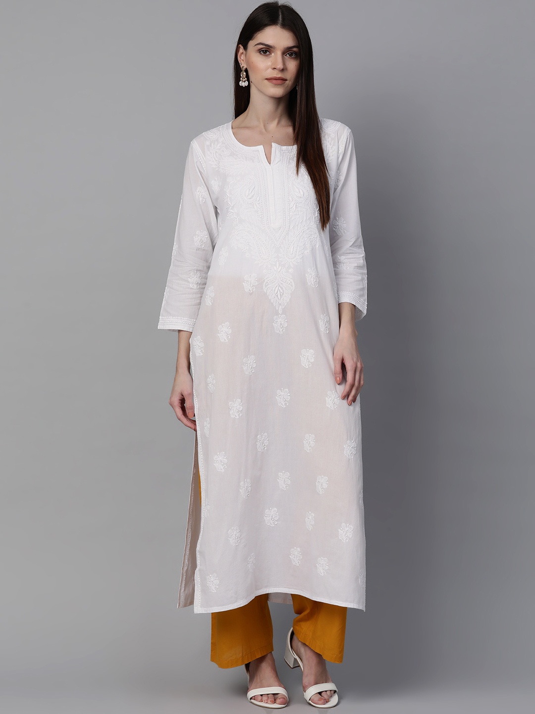 

ADA Women White Chikankari Hand Embroidered Sheer Straight Handloom Kurta