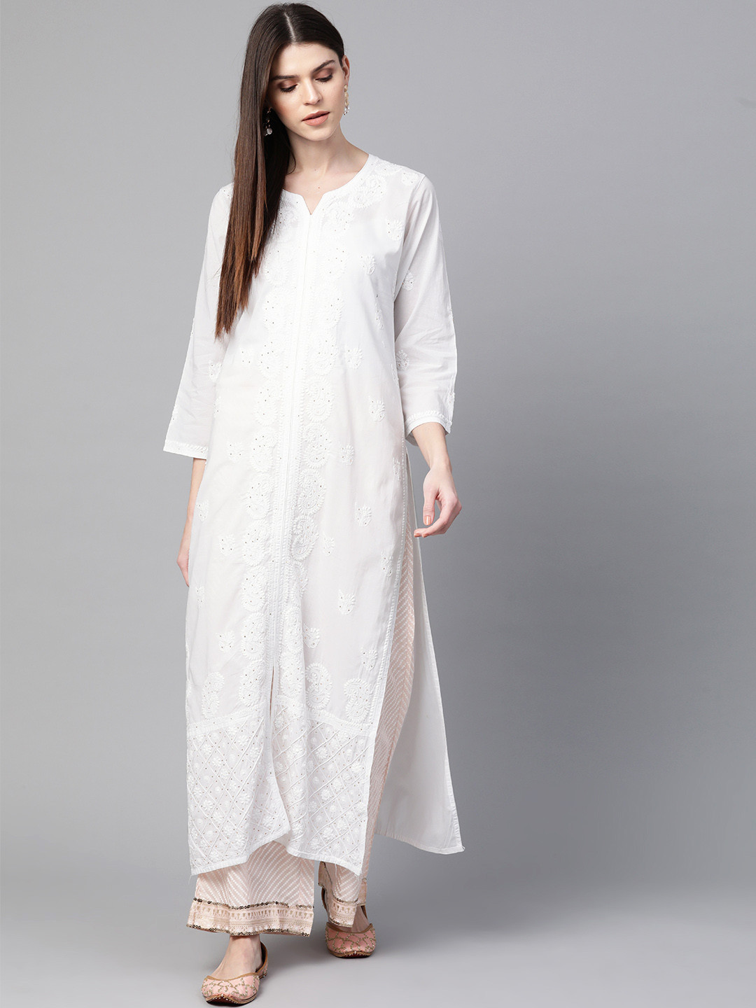 

ADA Women White Chikankari Hand Embroidered Straight Handloom Kurta