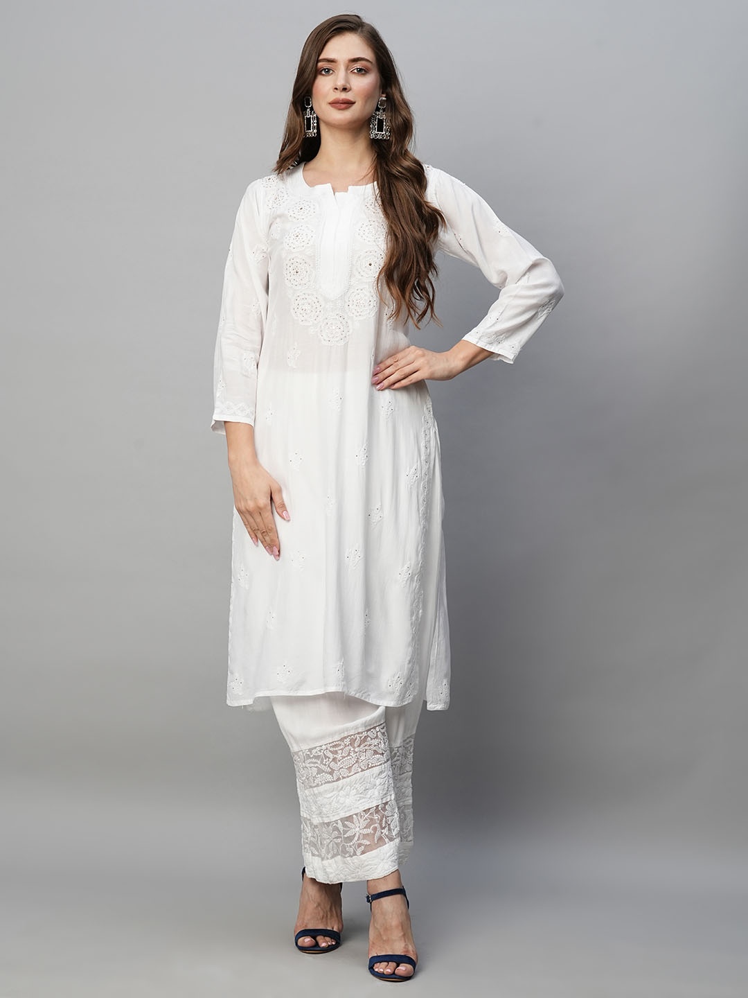 

ADA Women White Chikankari Embroidered With Mukaish Work Straight Handloom Kurta