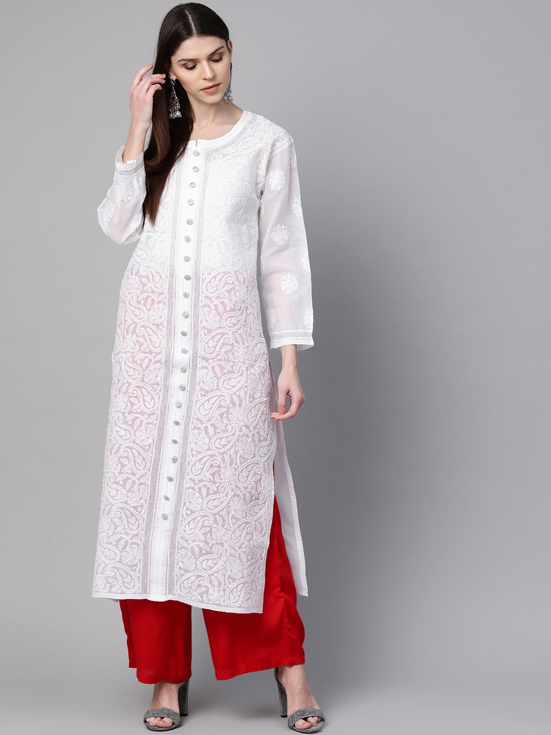 

ADA Women White Chikankari Hand Embroidered Sheer Straight Sustainable Handloom Kurta