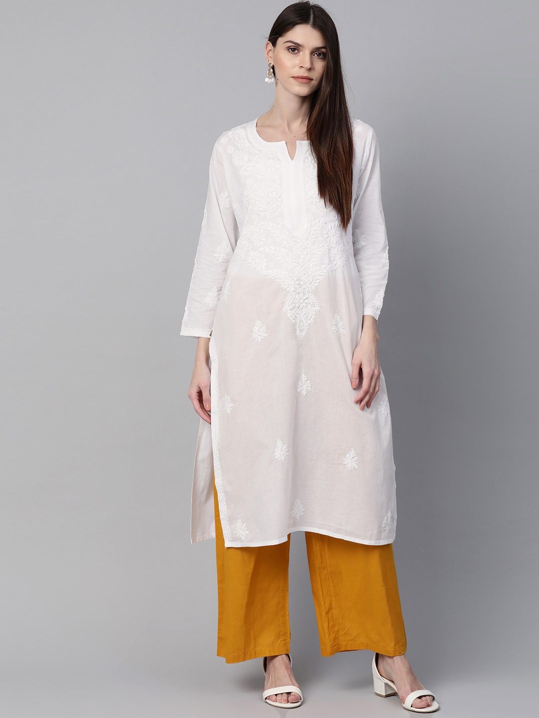 

ADA Women White Chikankari Hand Embroidered Sheer Straight Sustainable Handloom Kurta
