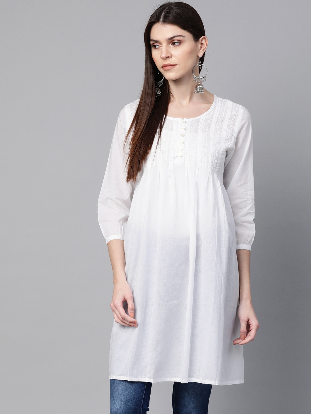 

ADA Women White Chikankari Hand Embroidered Yoke Design A-Line Sustainable Handloom Kurta