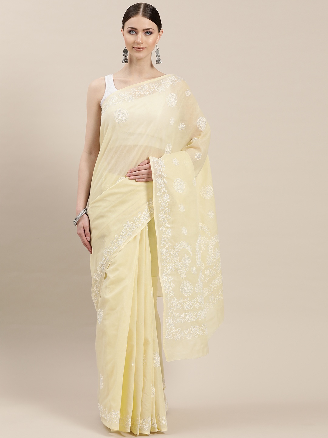 

ADA Cream-Coloured & White Chikankari Hand Embroidered Saree