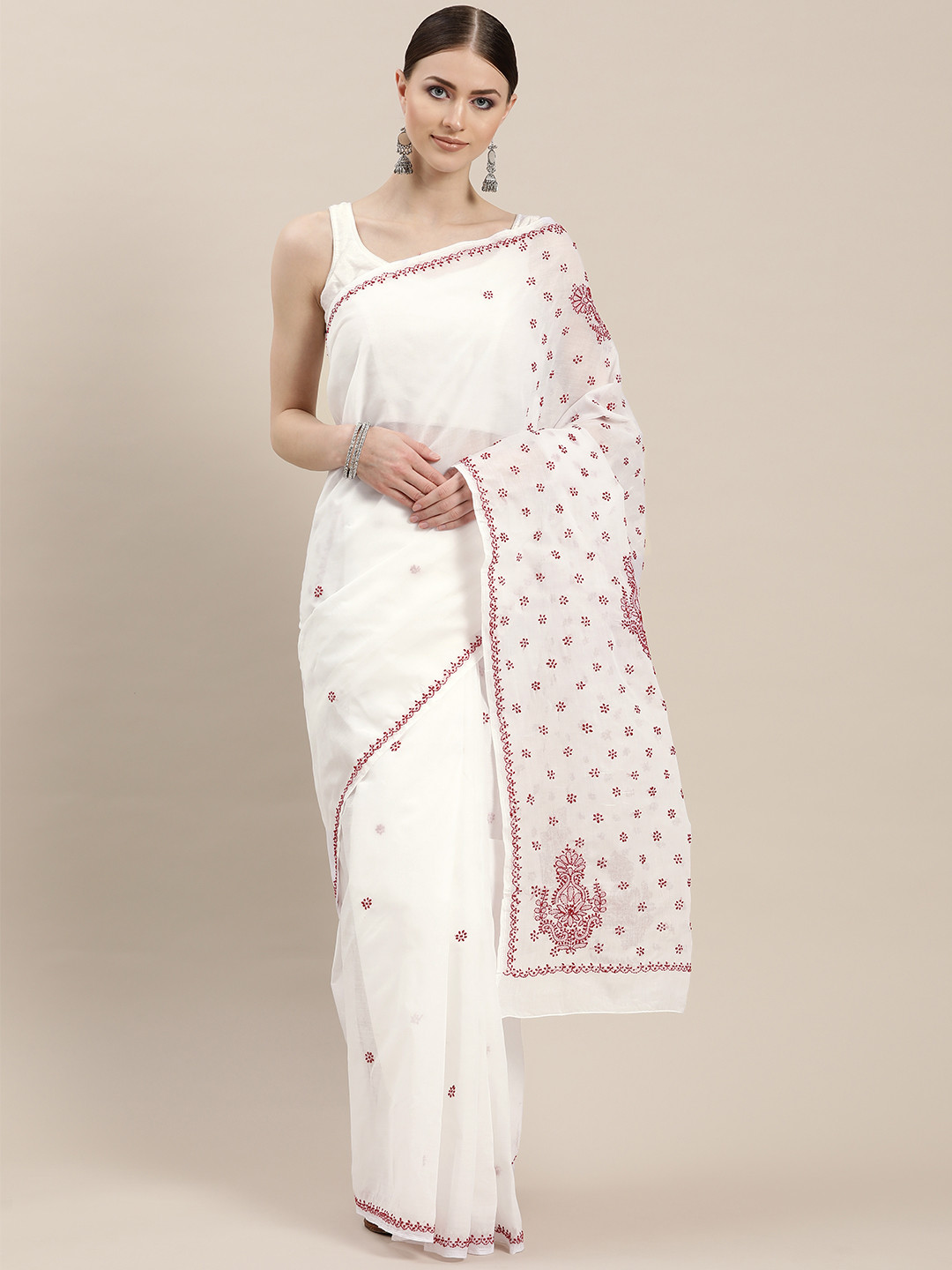

ADA White & Red Handloom Chikankari Hand Embroidered Sustainable Saree