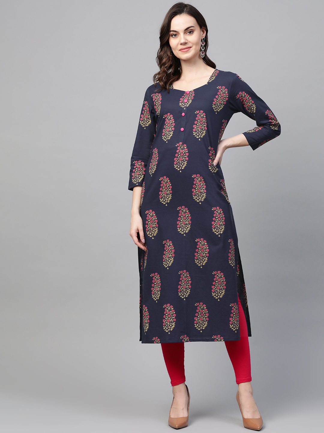 

AHIKA Women Navy Blue & Pink Printed Straight Kurta