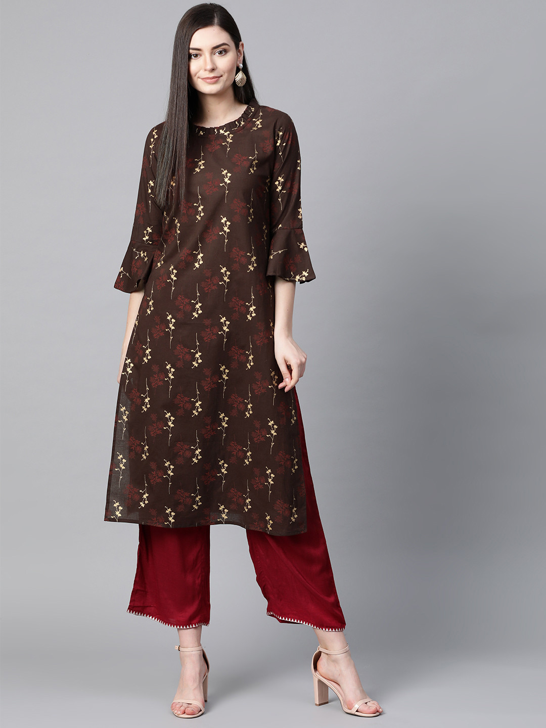 

AHIKA Women Coffee Brown & Golden Printed Straight Kurta