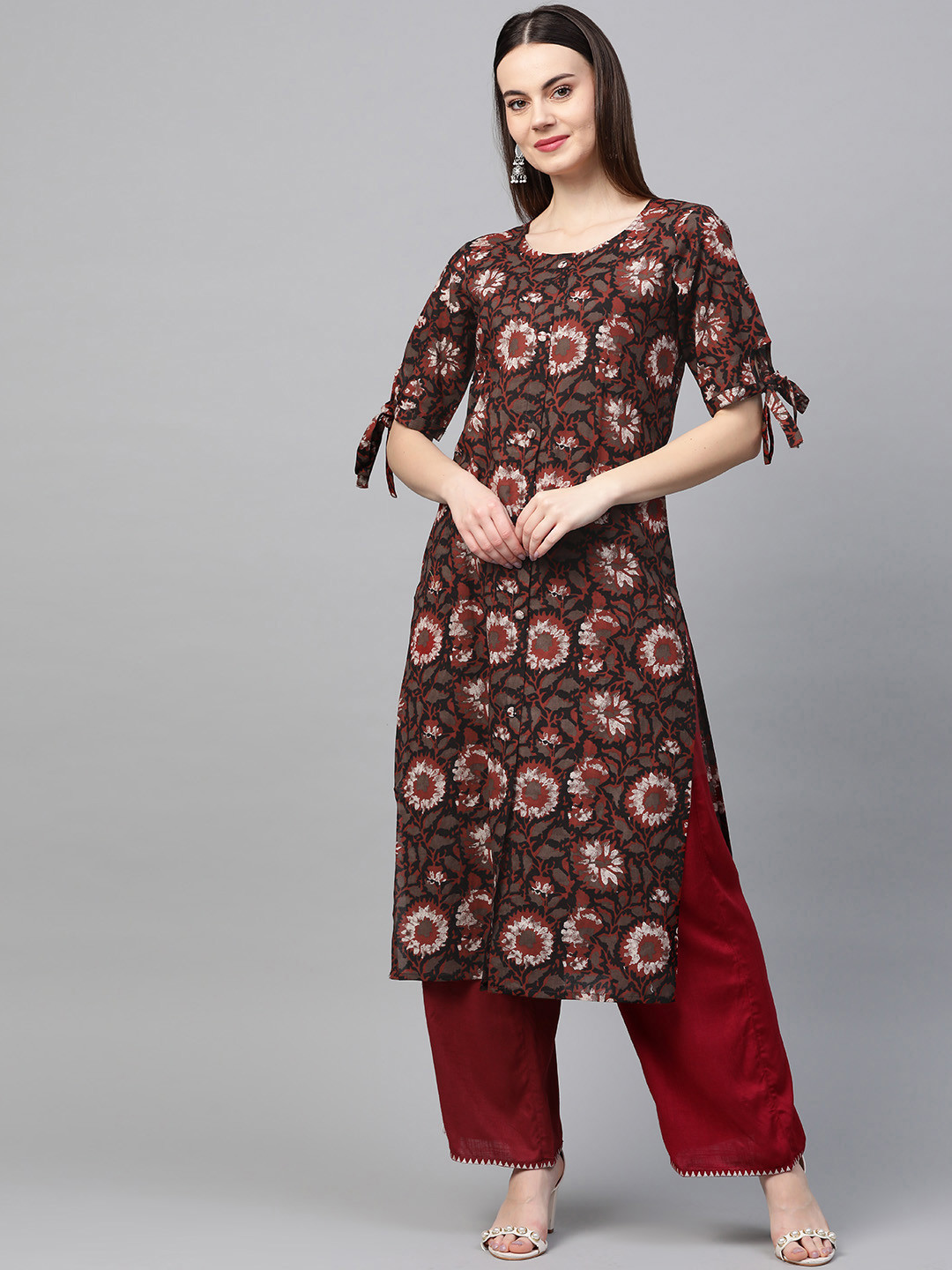 

AHIKA Women Taupe & Rust Red Printed Straight Kurta
