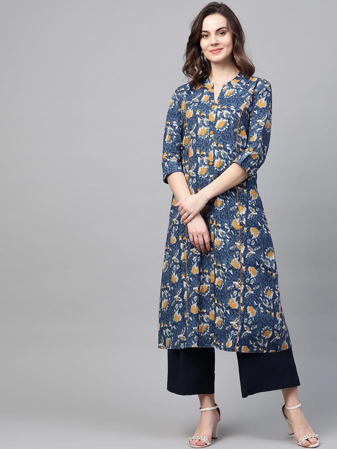 

AHIKA Women Blue & Mustard Yellow Printed A-Line Kurta