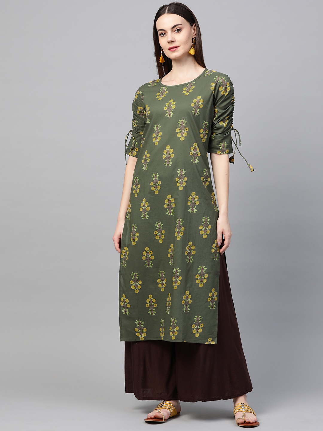 

AHIKA Women Green & Mustard Yelllow Printed Straight Kurta
