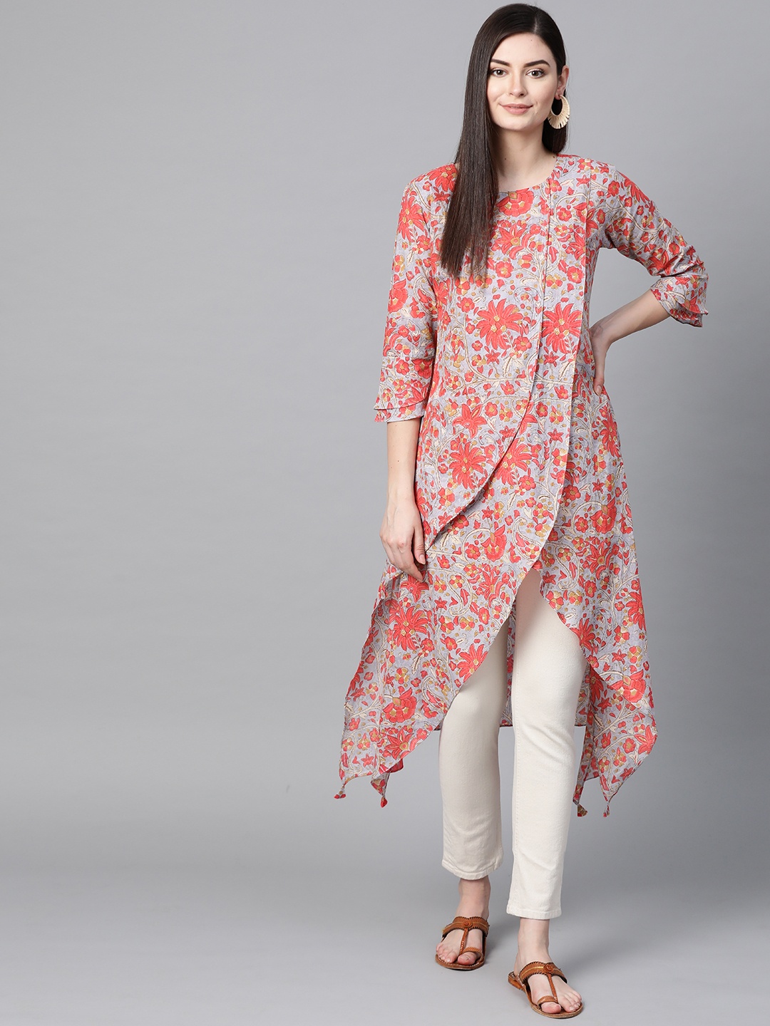 

AHIKA Women Grey & Peach-Coloured Printed Layered A-Line Kurta