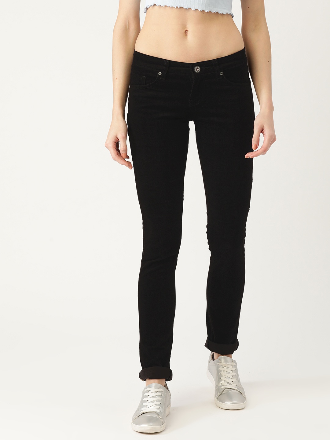 

urSense Women Black Skinny Fit Solid Corduroy Regular Trousers