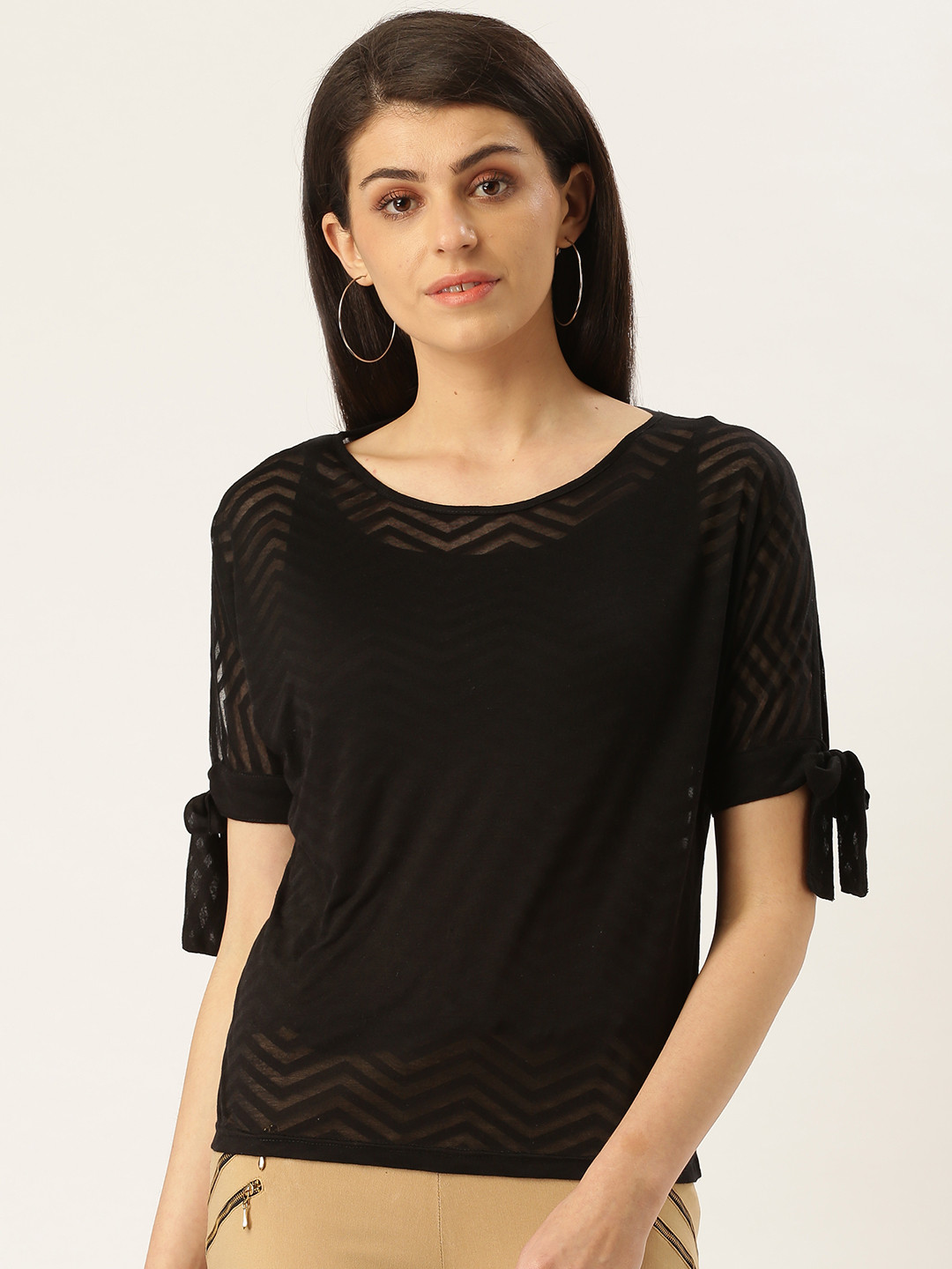 

urSense Women Black Self Design Semi Sheer Top