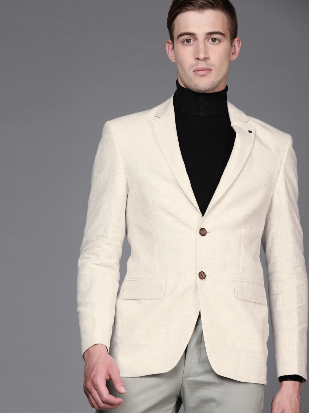 

Louis Philippe Men Off-White Solid Slim-Fit Single-Breasted Linen Formal Blazer