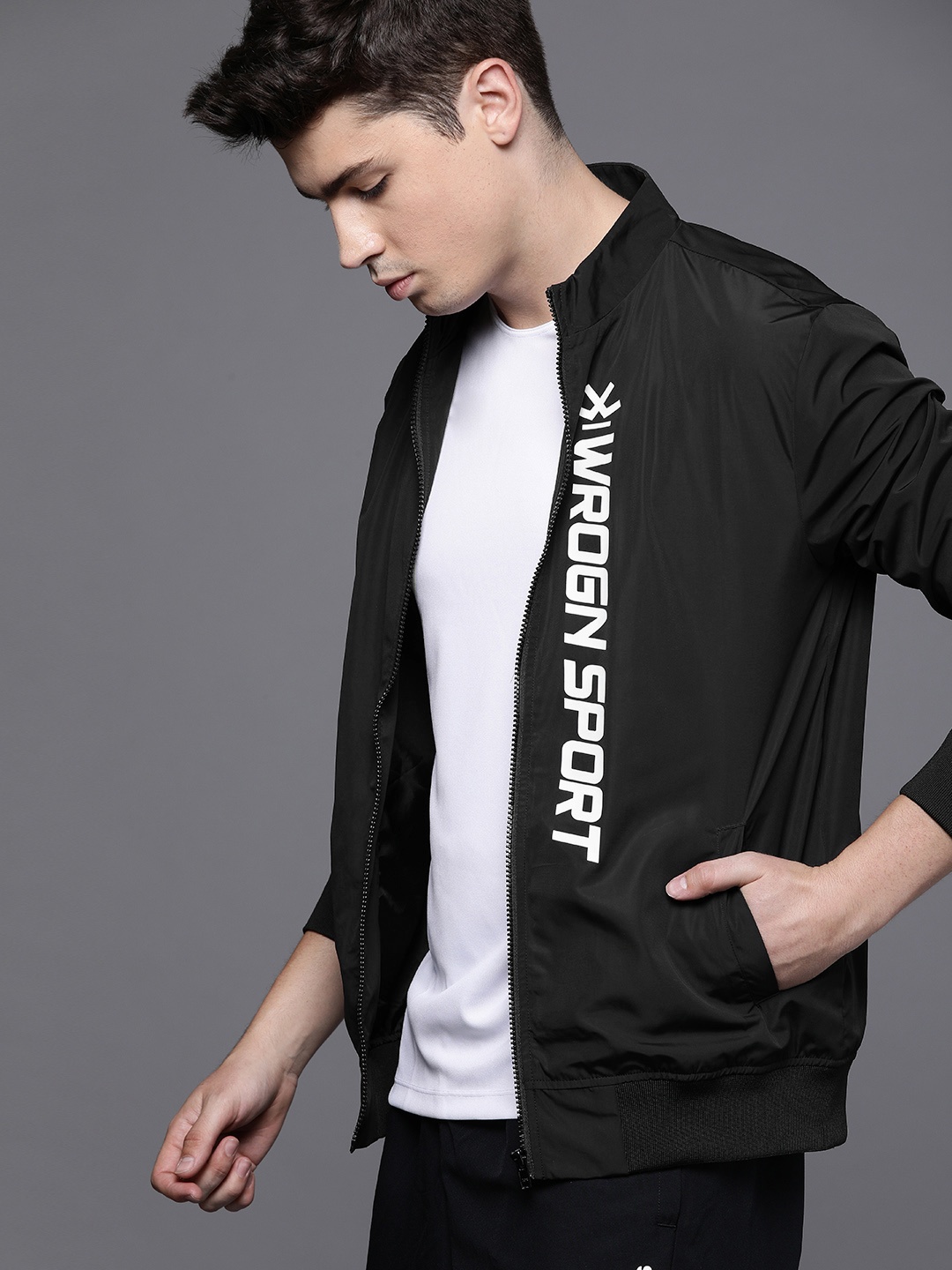 

WROGN ACTIVE Men Black Regular Fit Solid Sporty Jacket with Printed Detail