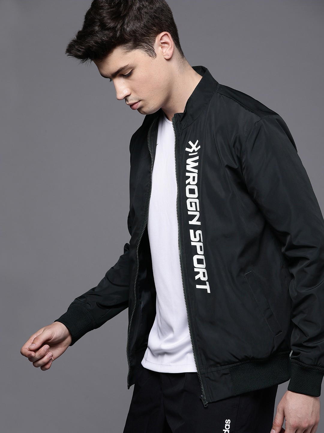 

WROGN ACTIVE Men Navy Blue Regular Fit Solid Sporty Jacket with Printed Detail