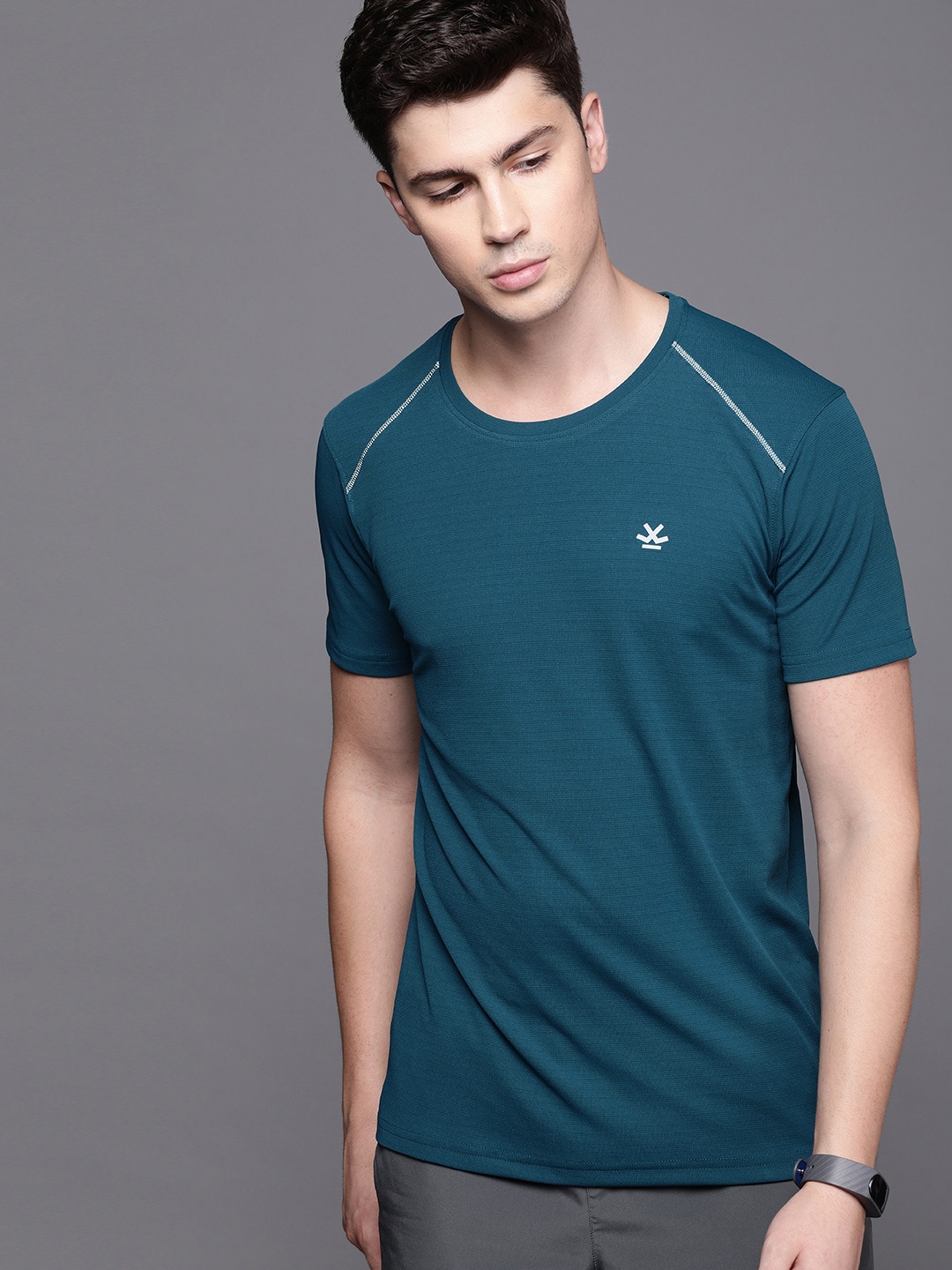 

WROGN ACTIVE Men Teal Blue Self Design Round Neck T-shirt