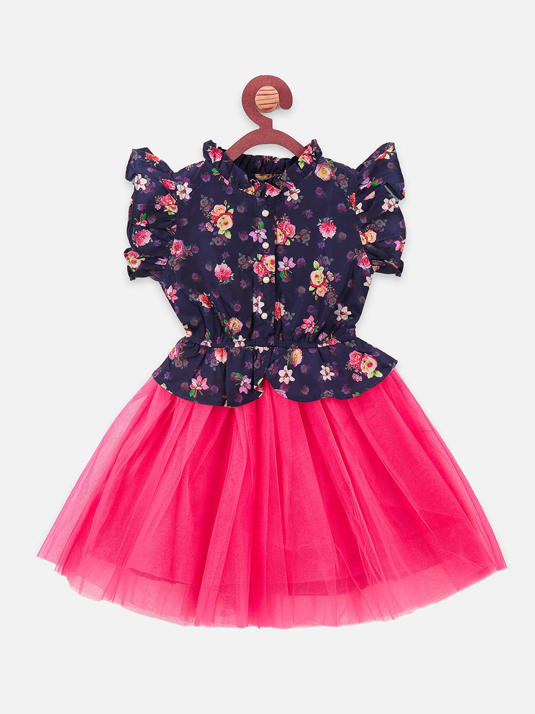 

LilPicks Girls Pink & Blue Floral Printed Fit and Flare Dress