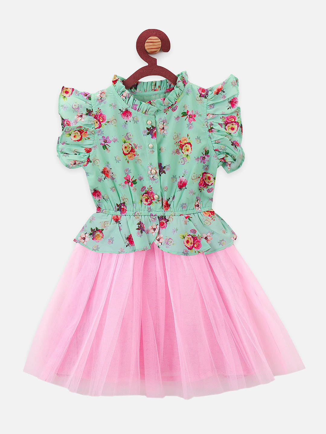 

LilPicks Girls Green & Pink Floral Printed Fit and Flare Dress