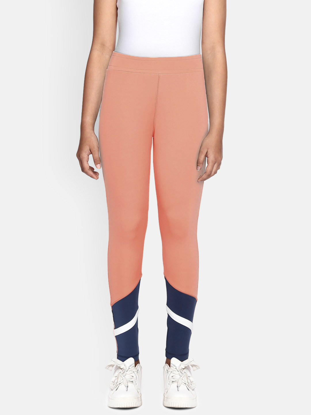 

HRX by Hrithik Roshan Girls Peach Colorblock Rapid-Dry, Antimicrobial Lycra Active Tights