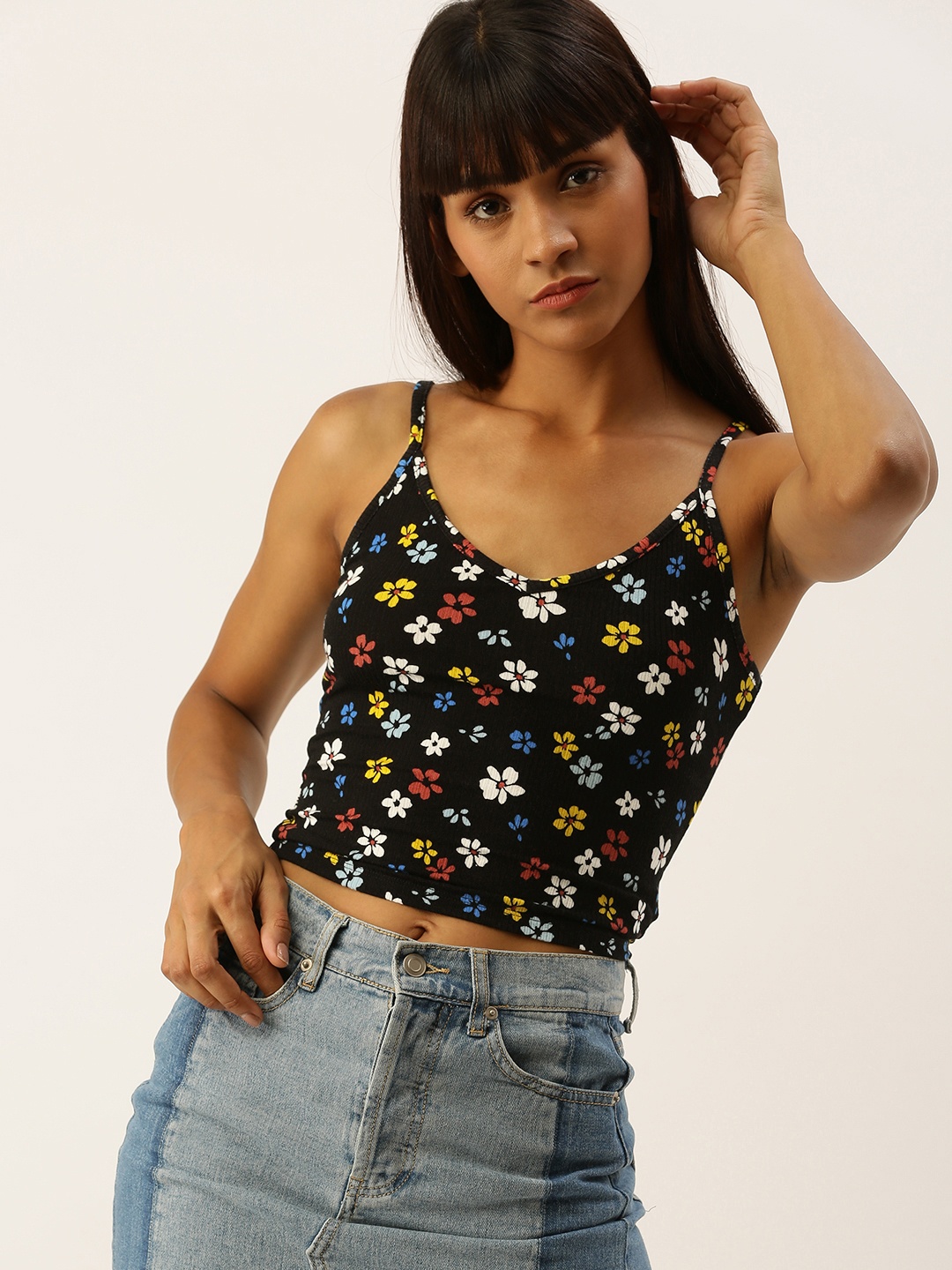 

FOREVER 21 Women Black Printed Fitted Crop Top