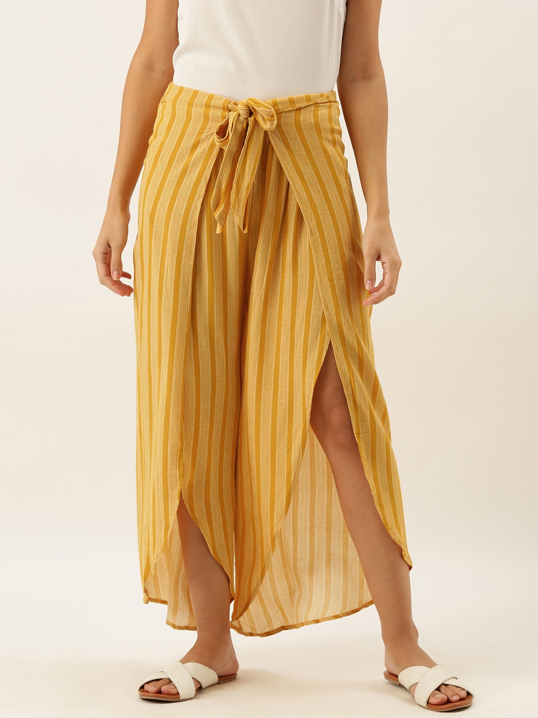 

FOREVER 21 Women Mustard Yellow & White Printed Straight Palazzos With Tie-Up Detailing