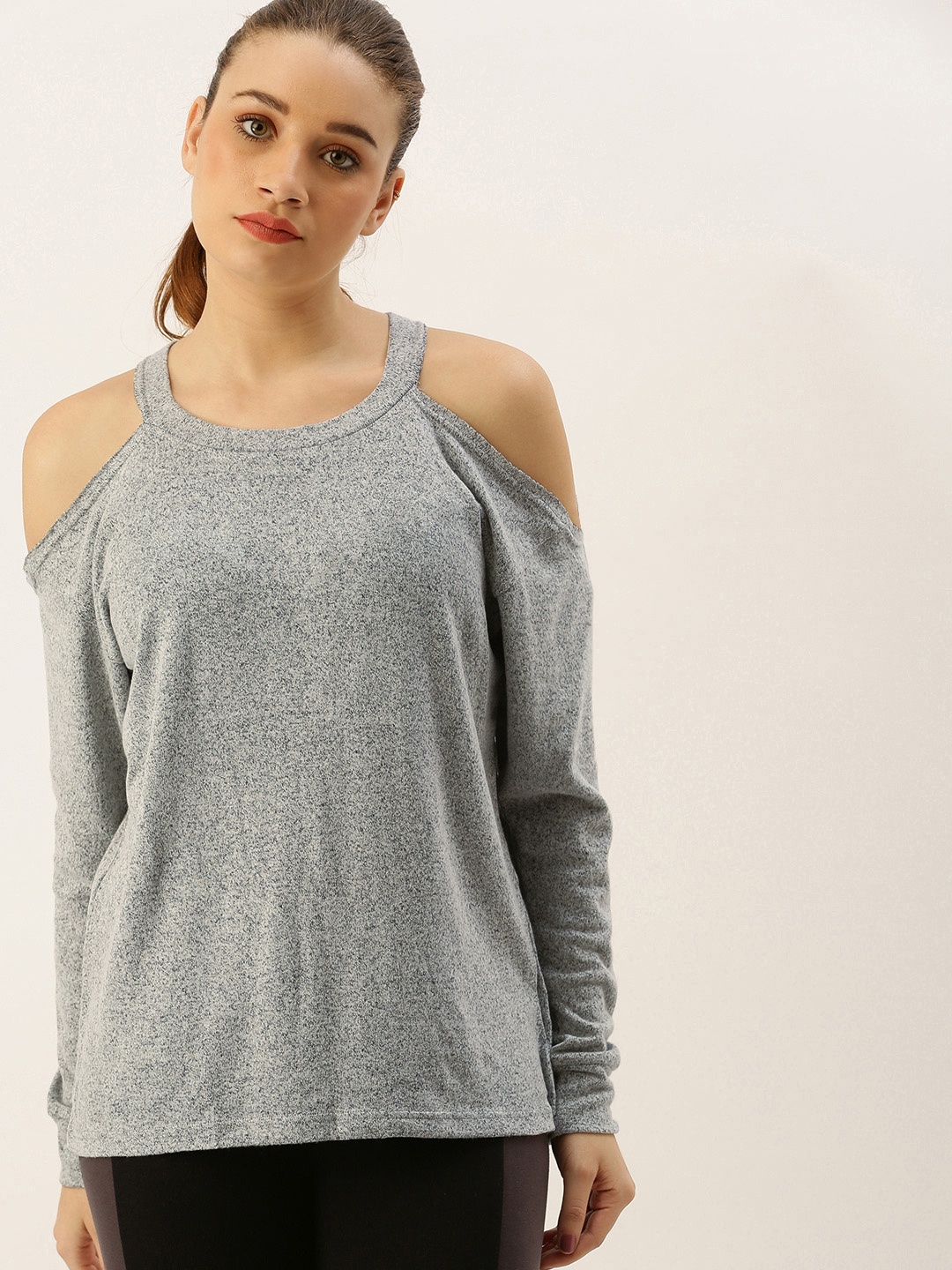 

FOREVER 21 Women Grey Melange Solid Knitted Top