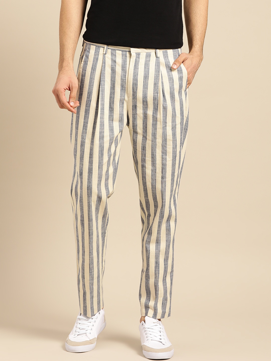 

Mr Bowerbird Men Blue & Off-White Regular Fit Striped Regular Trousers