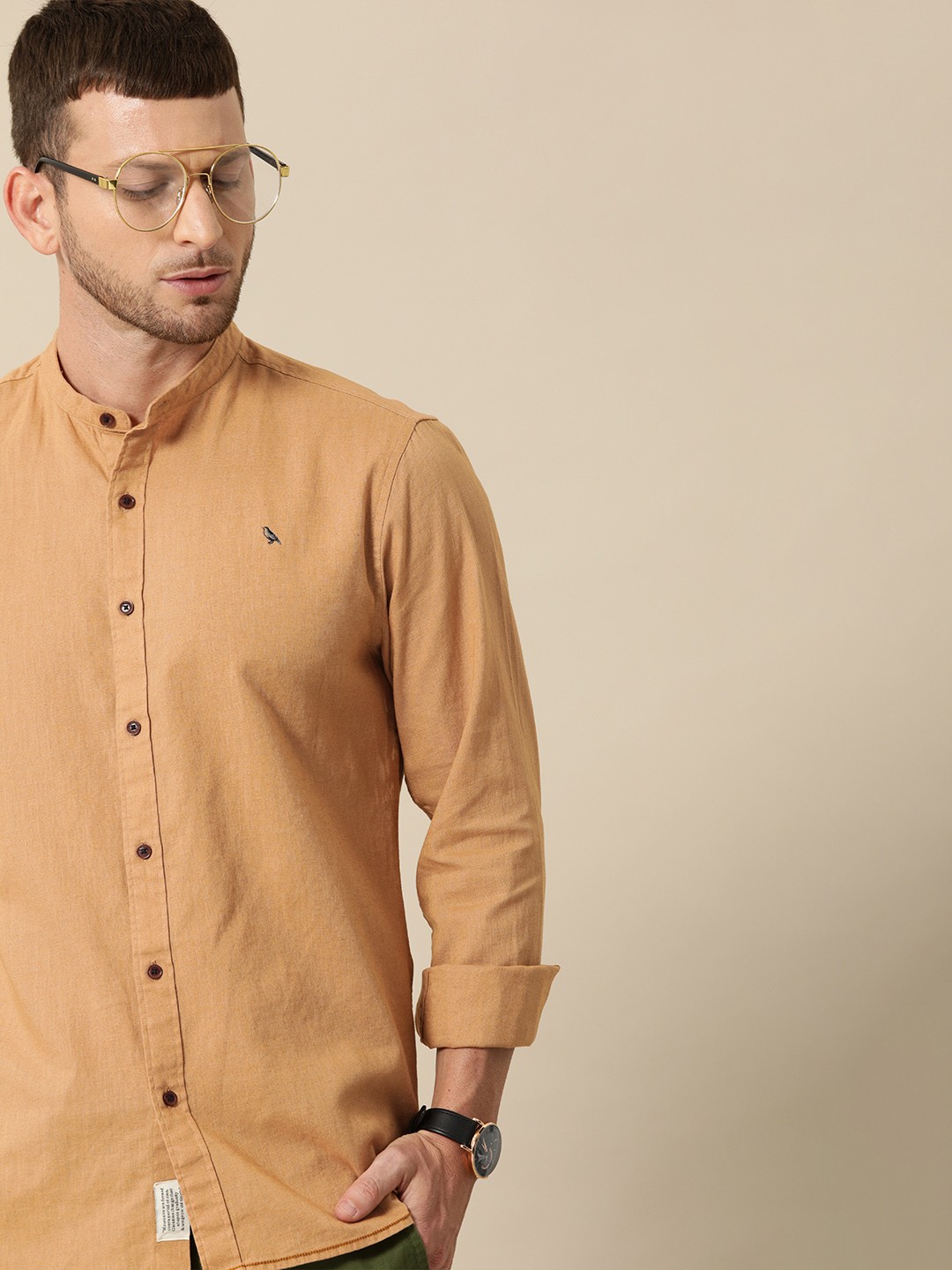

Mr Bowerbird Men Beige Tailored Fit Solid Casual Shirt